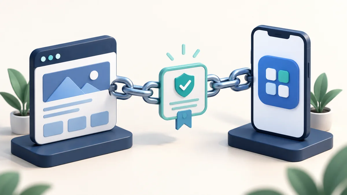 A website and phone app connect through a chain with an association certificate
