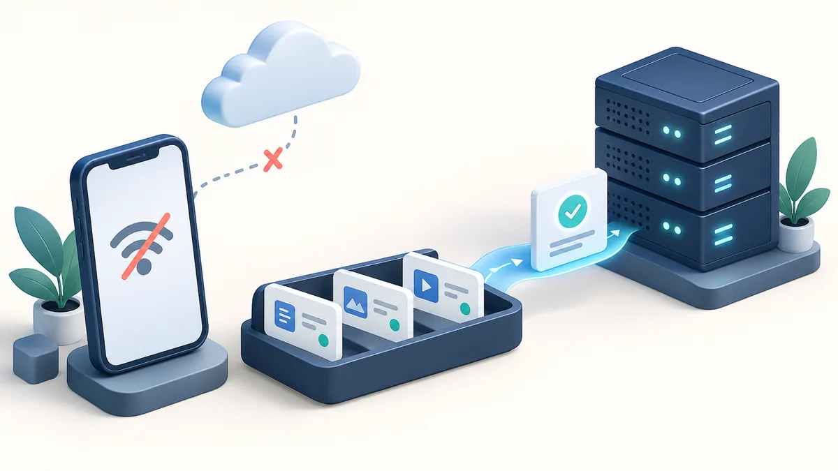 A disconnected phone queues durable operations before synchronizing with a server
