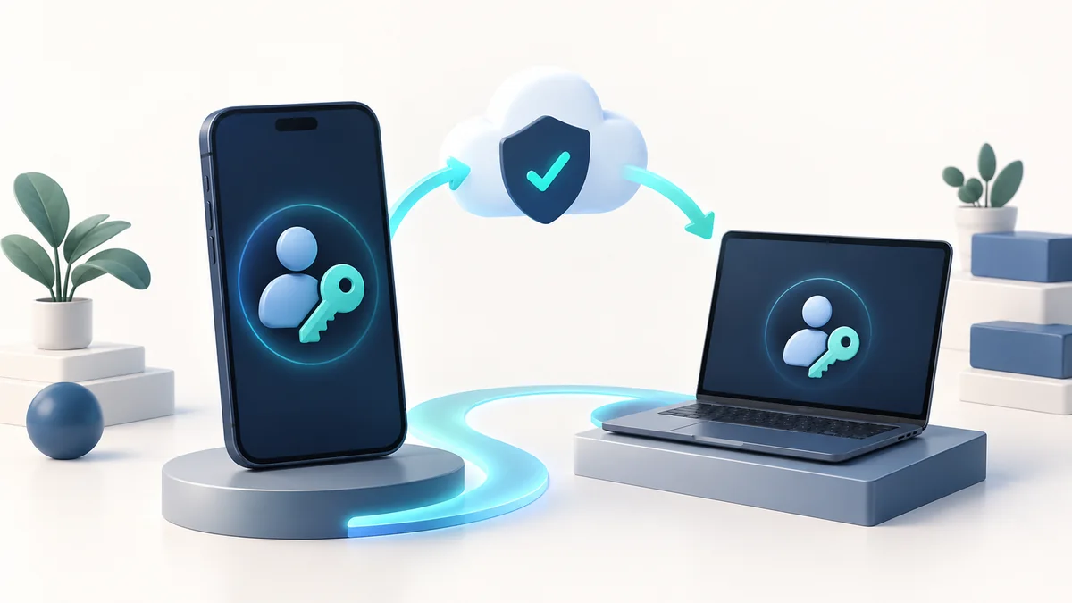 A phone and a second trusted device illustrate recoverable passkey account access