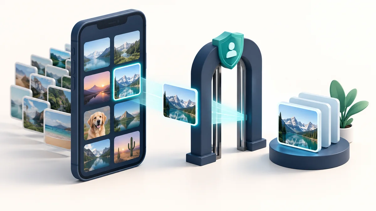 One selected image passes through a narrow media-access permission gate
