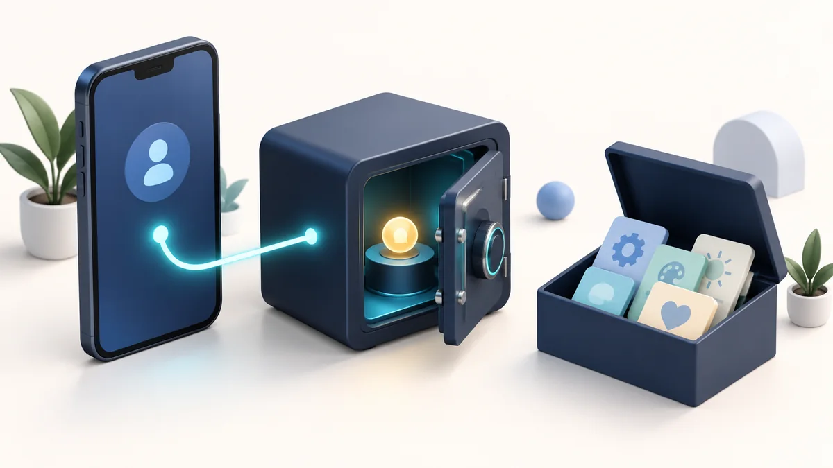 A phone connects to a protected secret vault and a separate preferences box