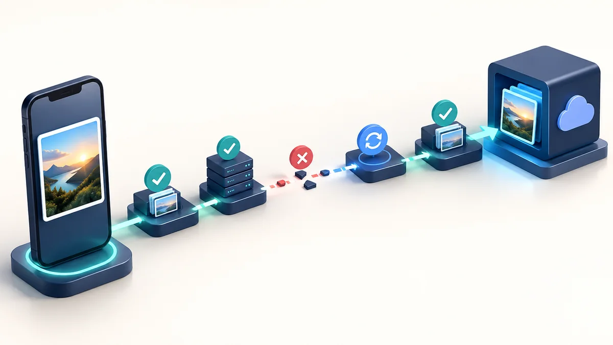An image travels from a phone through network checkpoints into object storage