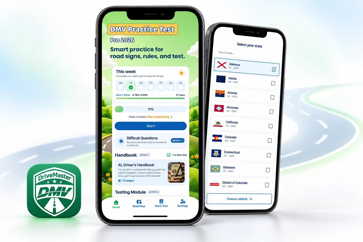DriveMaster DMV practice app shown on two smartphones with the home dashboard and state selection screens